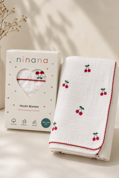 4 Kat Müslin Battaniye-Kiraz Kırmızısı