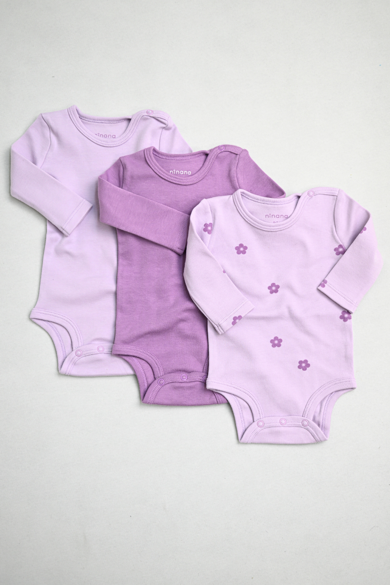 Kız Bebek Uzun Kollu Body - 3'lü Paket - Mor